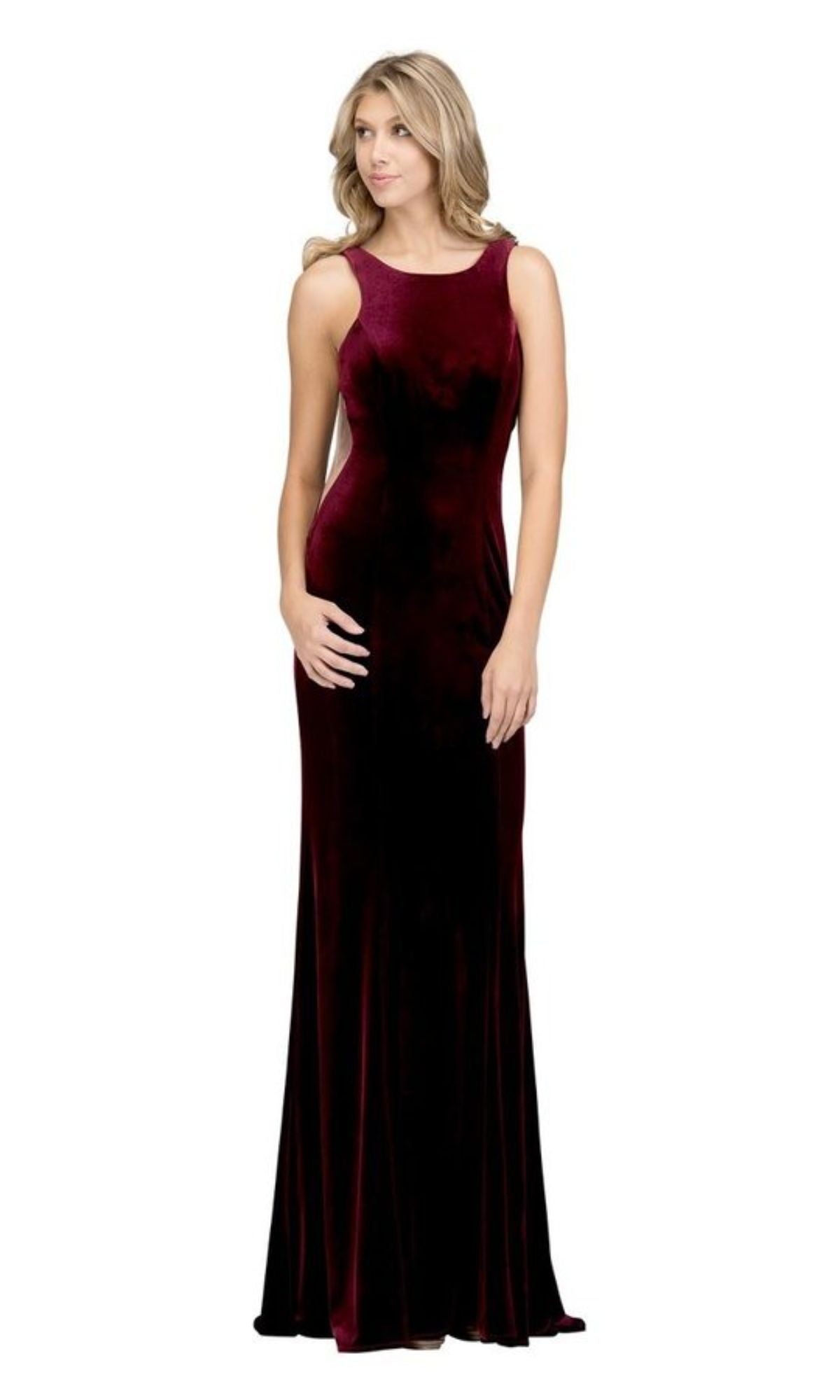 A woman in the Sheer-Sides Long Velvet Prom Dress: Chicas C7052, a sleeveless floor-length burgundy gown, stands against a plain white background.